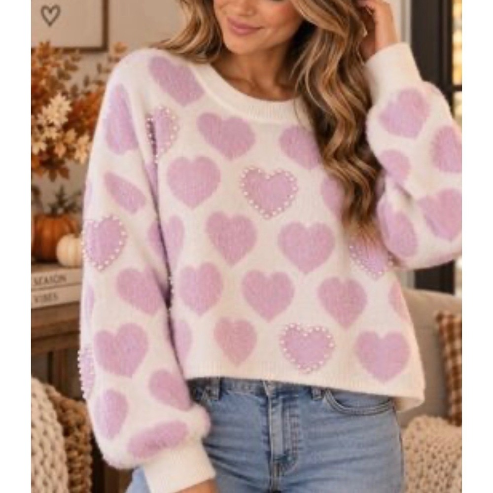 Francesca's Lavender White Heart Pearl Embellished Fuzzy Knit Balloon sweater L